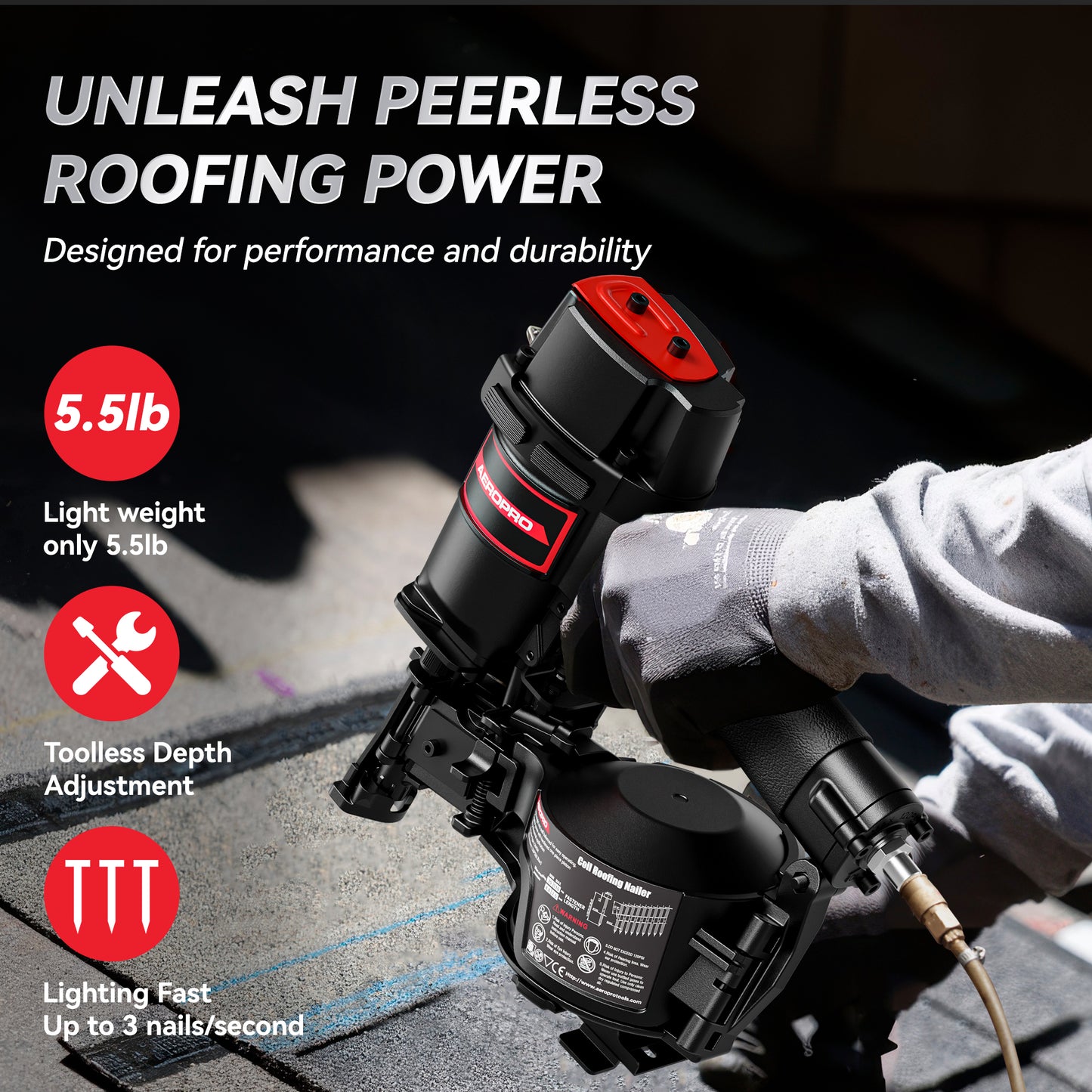 AeroPro CN45N Professional Roofing Nailer, 15 Degree Roofing Nail Gun, Pistolas de Roofing, Heavy-Duty Pneumatic Power Nailers in Roofing tools, Pneumatic Roofing Nailer for Asphalt Roofing Shingles