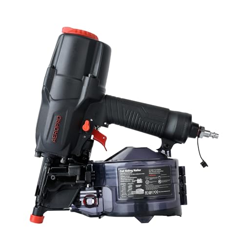 AeroPro Tools CN65R 15 Degree 1-1/2″ to 2-1/2″ Pneumatic Coil Siding Nailer with Tool-less Depth Adjustment and Side Load, Tilt Bottom Magazine