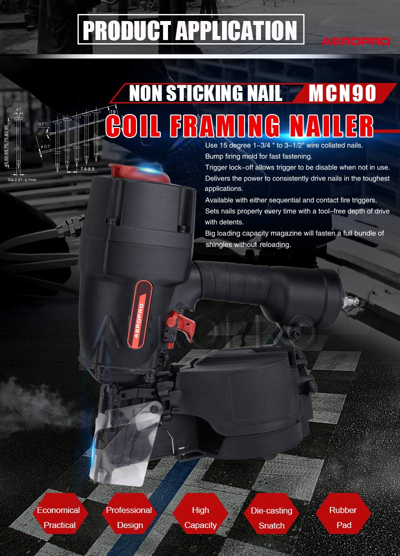 AeroPro MCN90 15 Degree Coil Industrial Pallet and Crate Nailer 1-1/2" to 3-1/2"