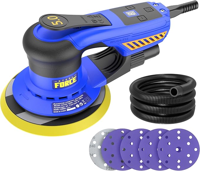 Steel Force ACOS-150BL 5mm random orbital sander with dust hose and sanding discs